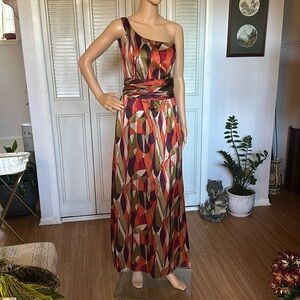 Vintage 1970s Silk Printed One Shoulder Silk Dress